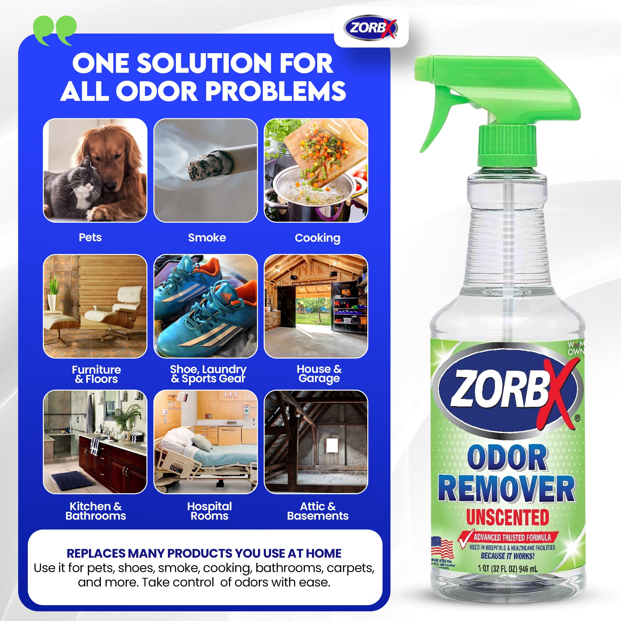 ZORBX Unscented Odor Eliminator Spray for Hospitals & Healthcare – Dog, Cat, Car & Carpet Deodorizer (32oz)