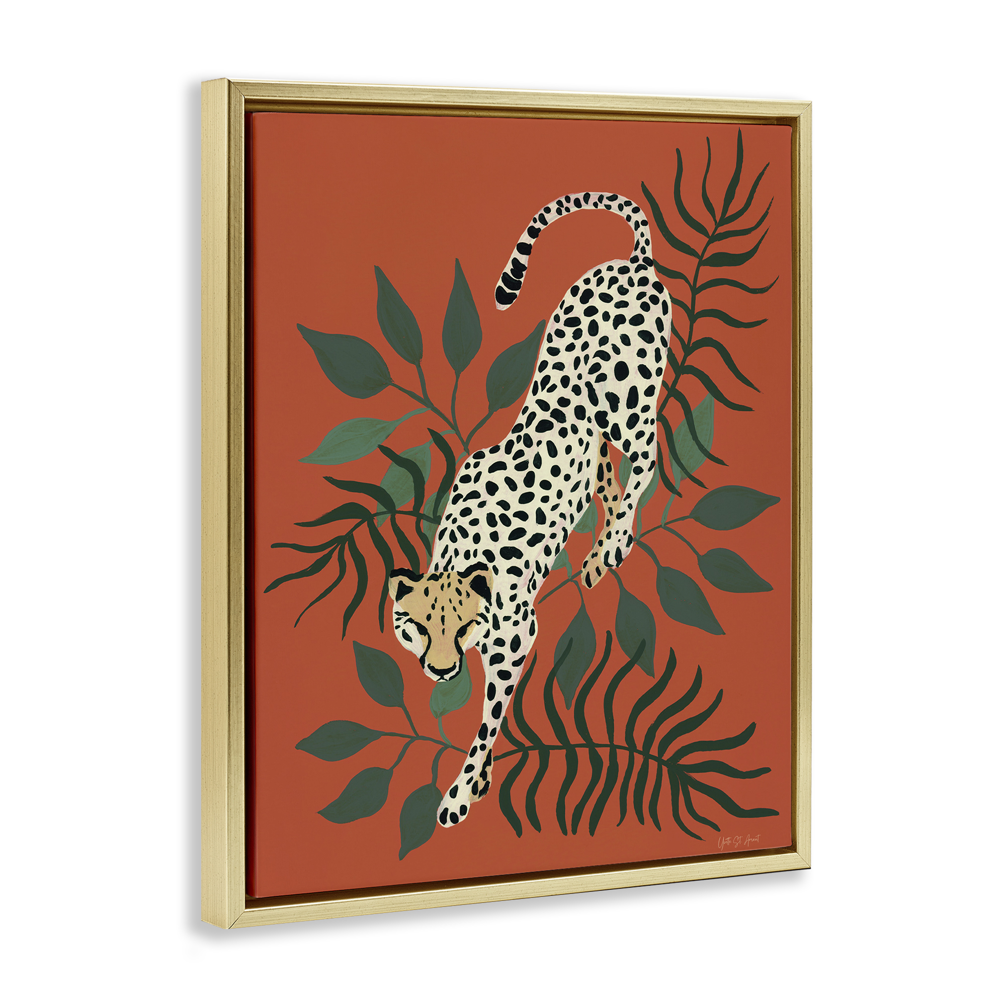 Stupell Industries Stepping Cheetah & Leaves Animals & Insects Painting Gold Floater Framed Canvas Art Print Wall Art, 17 x 21