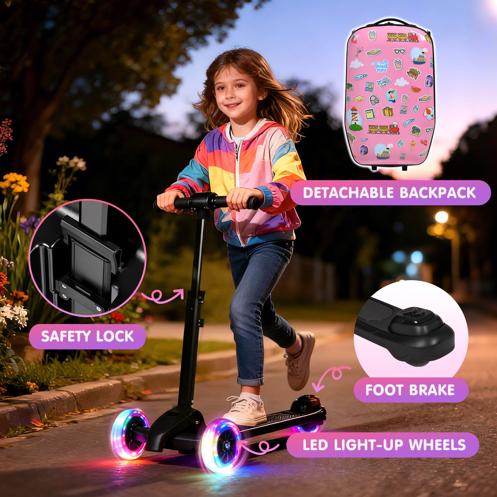 Advwin Kids Scooter Luggage with LED Wheels, 4-in-1 Detachable Foldable Ride-On Suitcase, Travel Sticker Design Hardside Carry-On Travel Luggage, Convertible Backpack, Pink