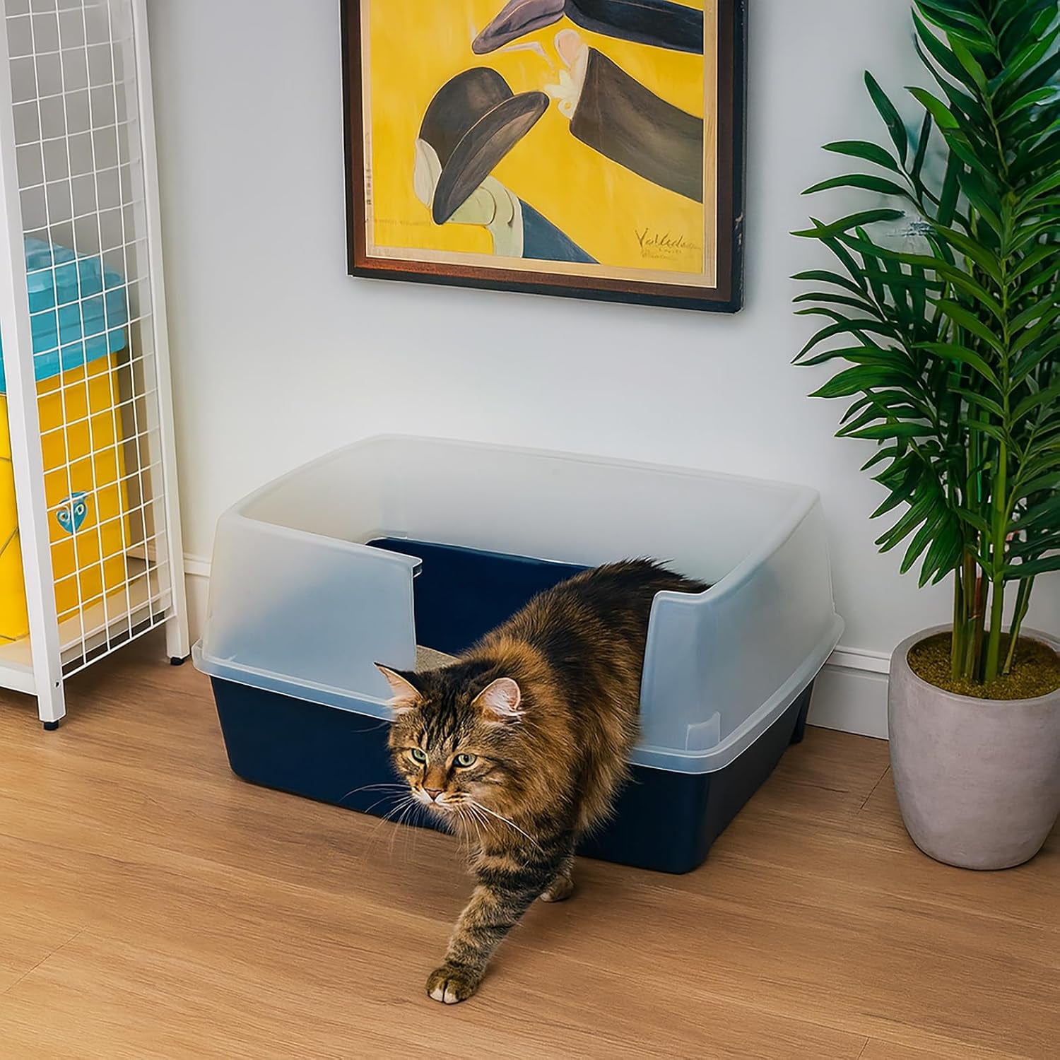 IRIS XX-Large Side Entry Cat Litter Box Open Top with High-Sided Scatter Shield, 30" L × 20" W × 14" H, Navy