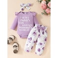 thumbnail image 3 of Aojekbee Baby Girl Fall Outfits Letter Print Crew Neck Long Sleeve Romper Floral Print Long Pants Headband 3Pcs Clothes Set, 3 of 10