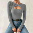 thumbnail image 5 of Cute Tops for Women Fall Long Sleeve Cutout Solid Ribbed Knit Pullover Slim Fit Basic Womens Tee Shirts Dressy Casual Grey XL, 5 of 7