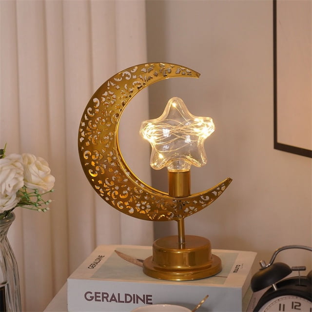 Lámpara de mesa Vintage Moon Star, marco de Metal, lámpara de escritorio Ramadán, luz de noche hecha a mano bohemia de media luna alimentada por batería para vivir