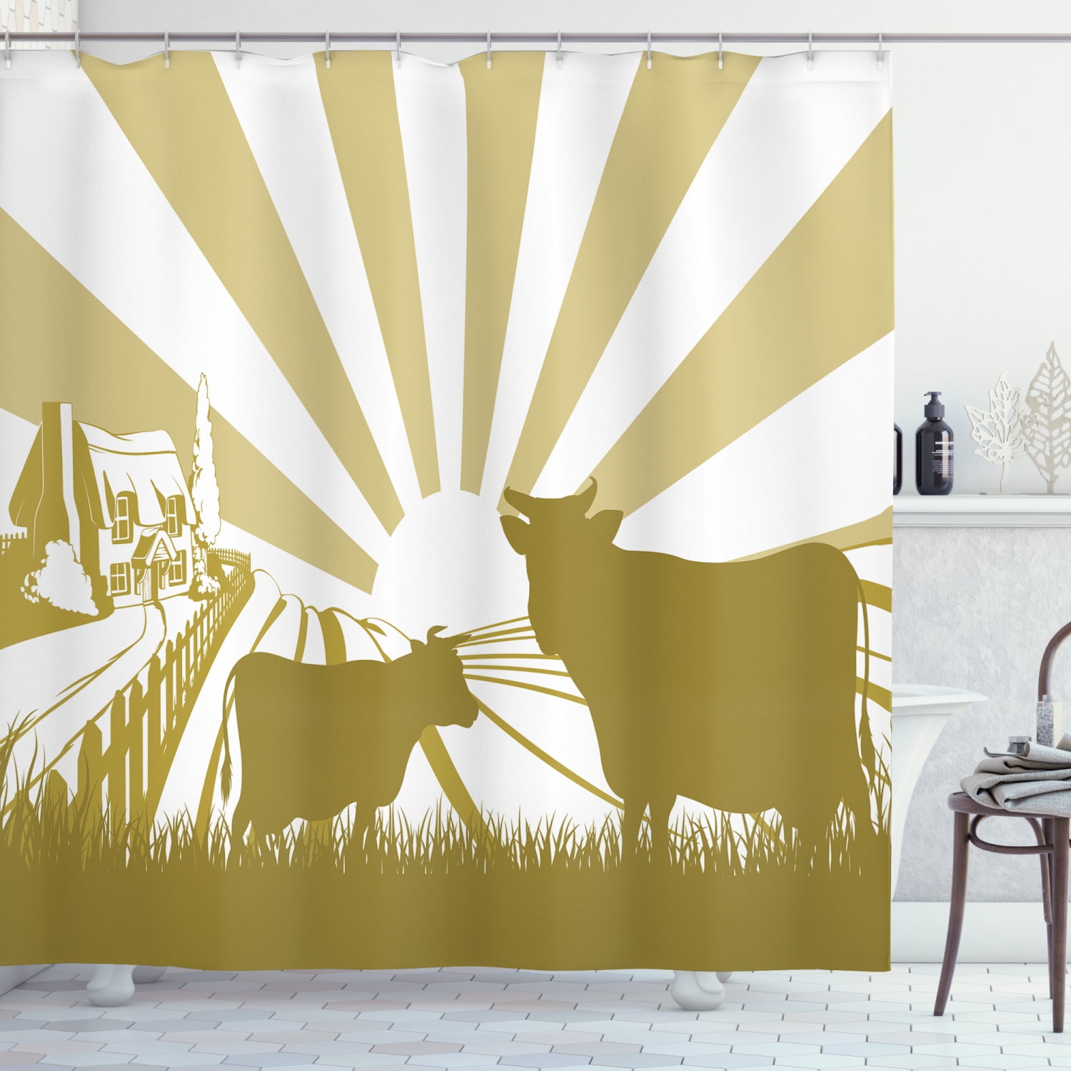 Cattle Shower Curtain, Silhouette Illustration of a Farm House Cottage