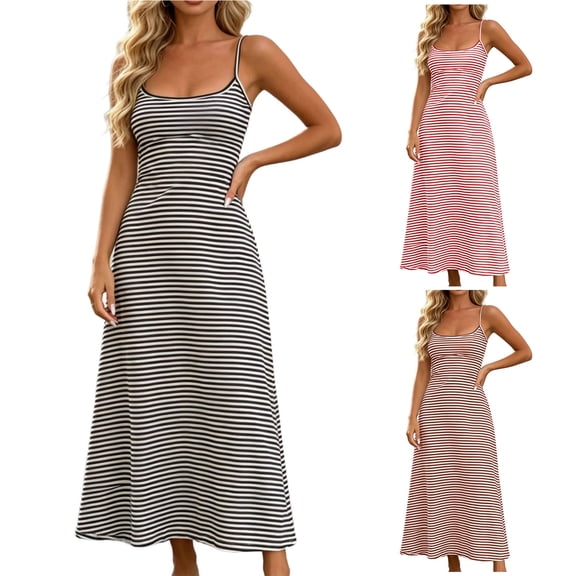 VBVC Women's Striped Spaghetti Strap Maxi Dress , Ladies' Summer Casual Bodycon Long Dress , Slim Sleeveless Cami Sundress For Women,Black,S-3XL