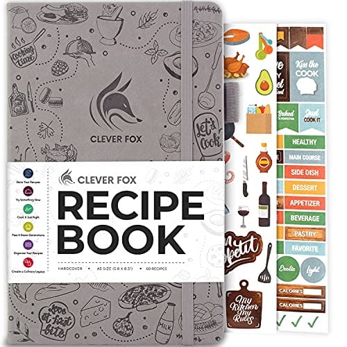 Libro recetas Clever Fox: Crea tu propio libro cocina familiar y organizador notas. Diario cocina en blanco, tapa dura A5, 60 recetas - Gris