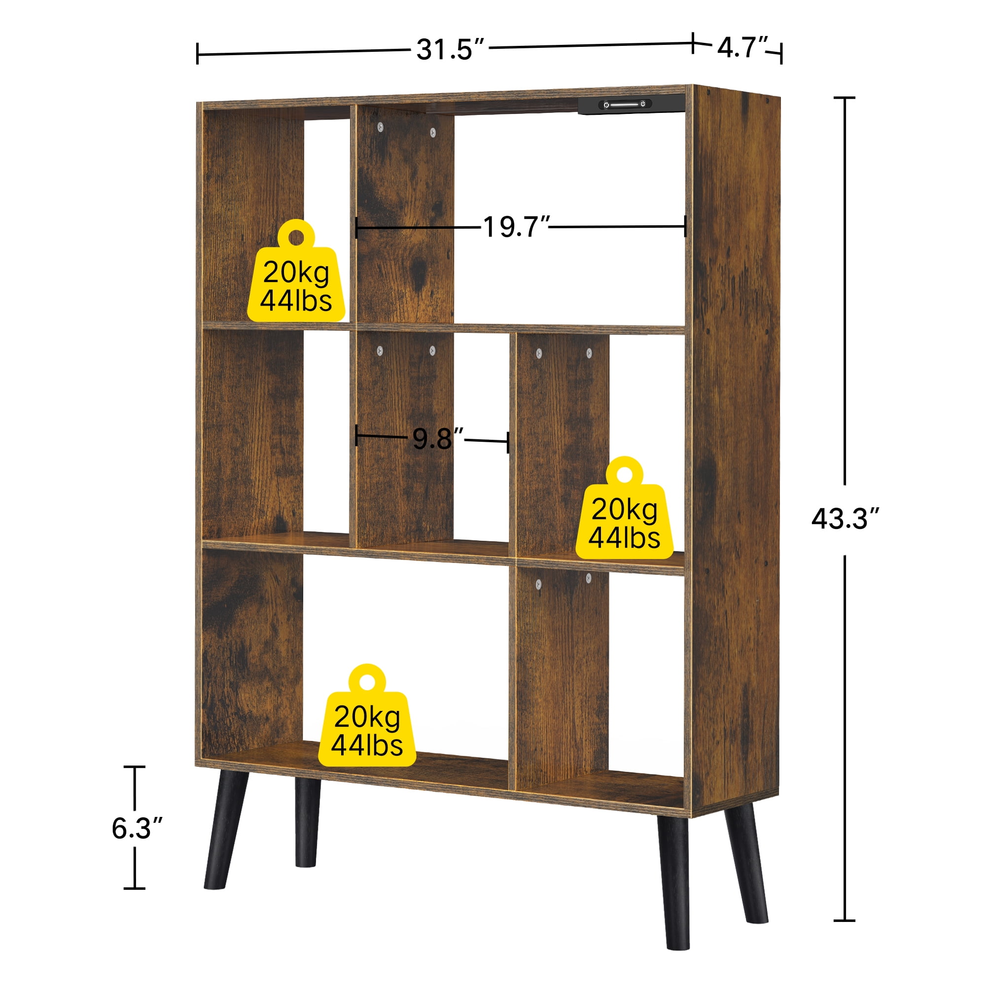 OUTONLIFE 7 Cube Storage Organizer,Open Bookshelf with Lights,Cube Storage Bookcase,Wood Bookcase for Living Room Office,Rustic Brown