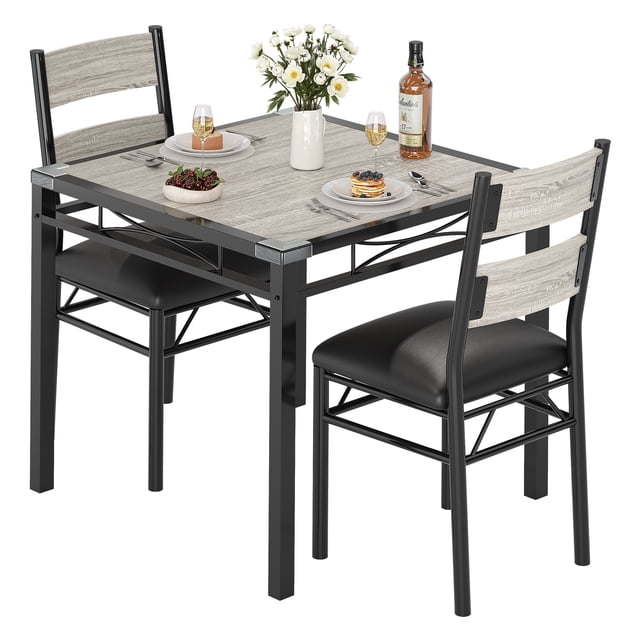 Dining Table Set for 2, Dining Table with 2 Upholstered Chairs, Bistro Table and Chairs Set of 2 with Corner Protector for Small Space, Kitchen, Apartment, Retro Gray