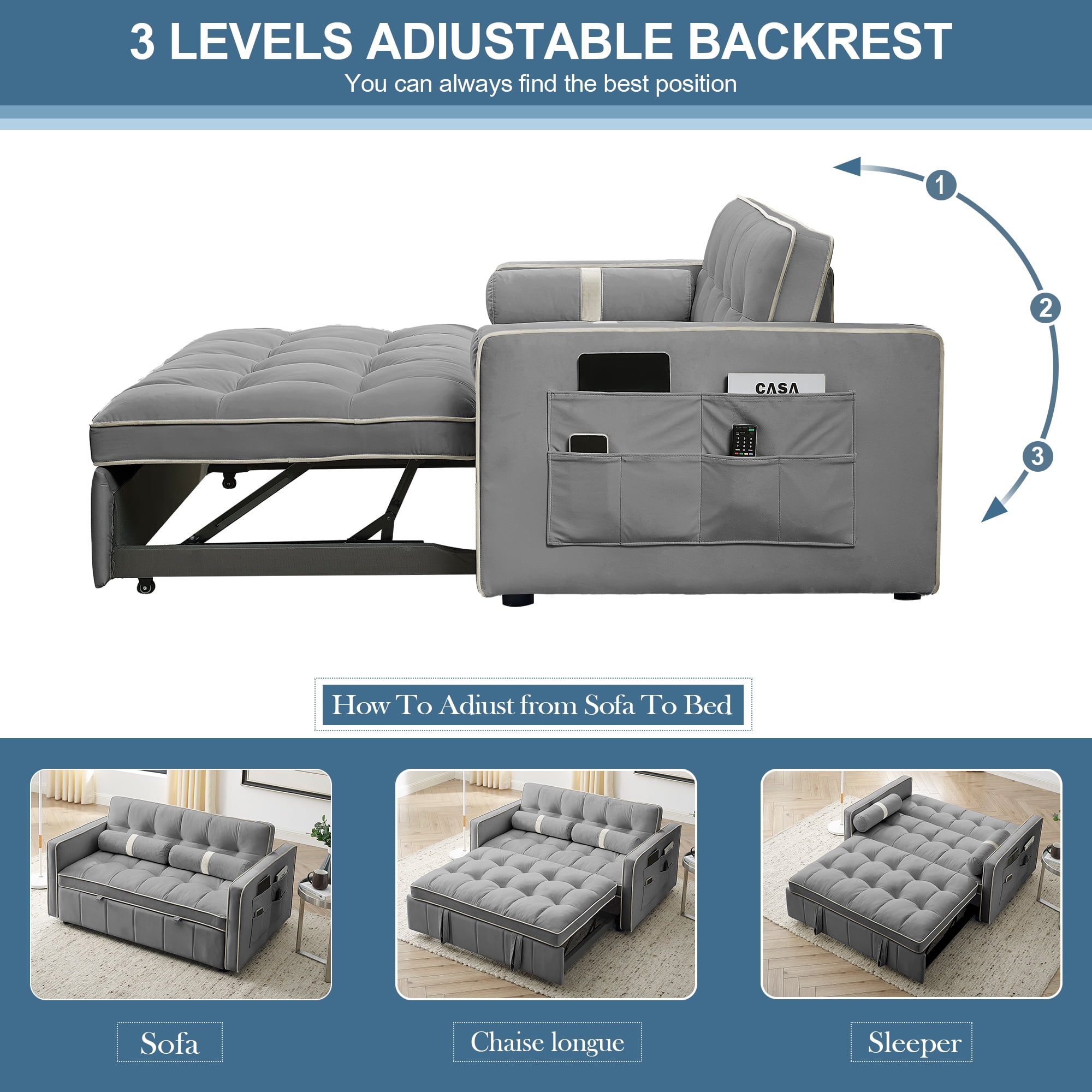 Muumblus 55.5" Pull Out Sofa Bed 2 Seater Loveseats Sleeper Convertible Futon Sofa Bed with Adjsutable Backrest, Modern Adult Velvet Sofa Couch for Living Room, Gray