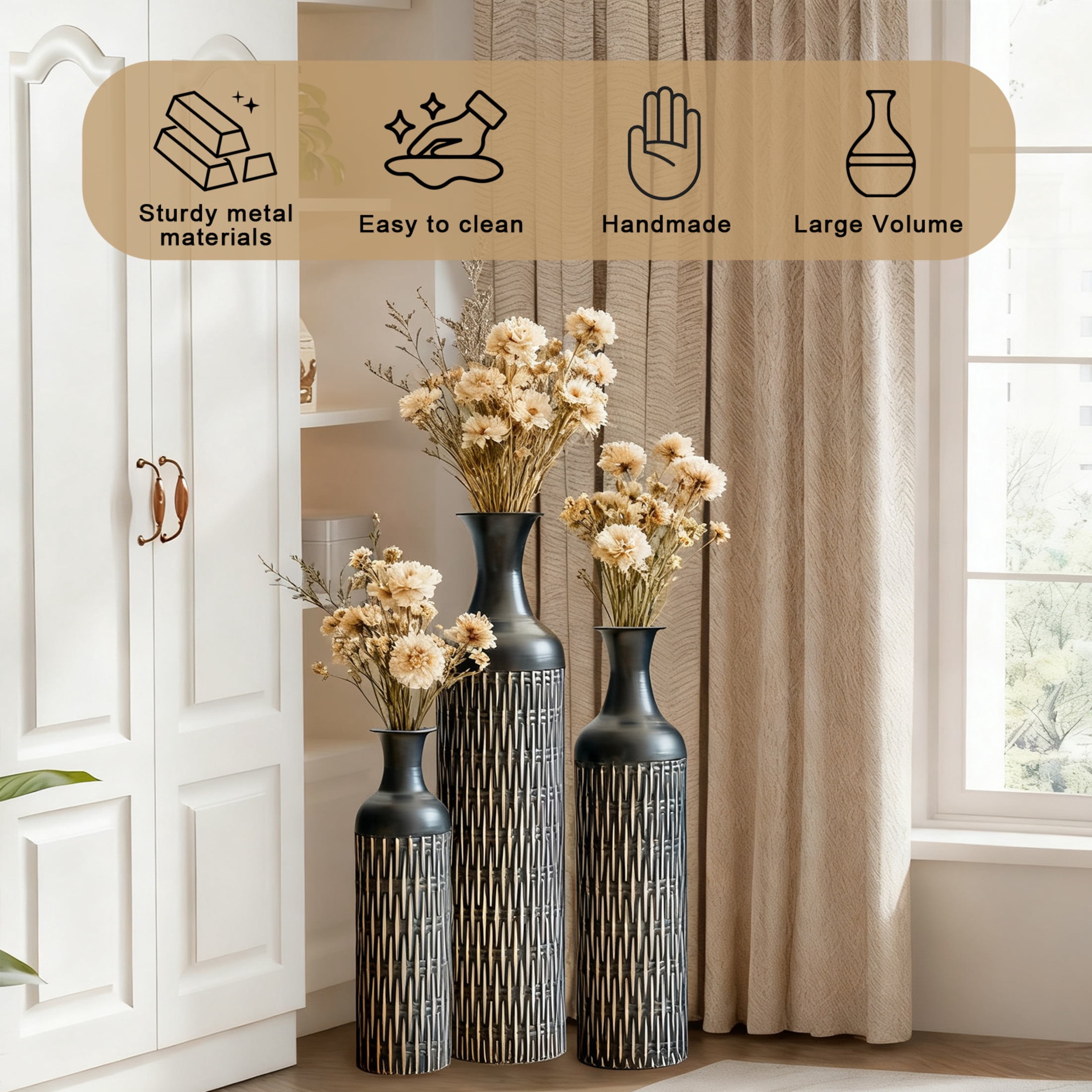 Noble House 3-Piece Metal Floor Vase Set, 32.68", 25.98", 19.69" Textured Decorative Vases, Black