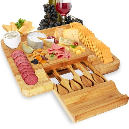 NutriChef PKCZBD10.5 - Bamboo Cheese Cutting Board Set - Flat Wood Serving Platter for Picnic Food or Wine - Rectangle Fruit and Meat Plate Kit w/ Bowl, Closing Drawer Tray, 4 Stainless Steel (Best Cheese For Party Platter)