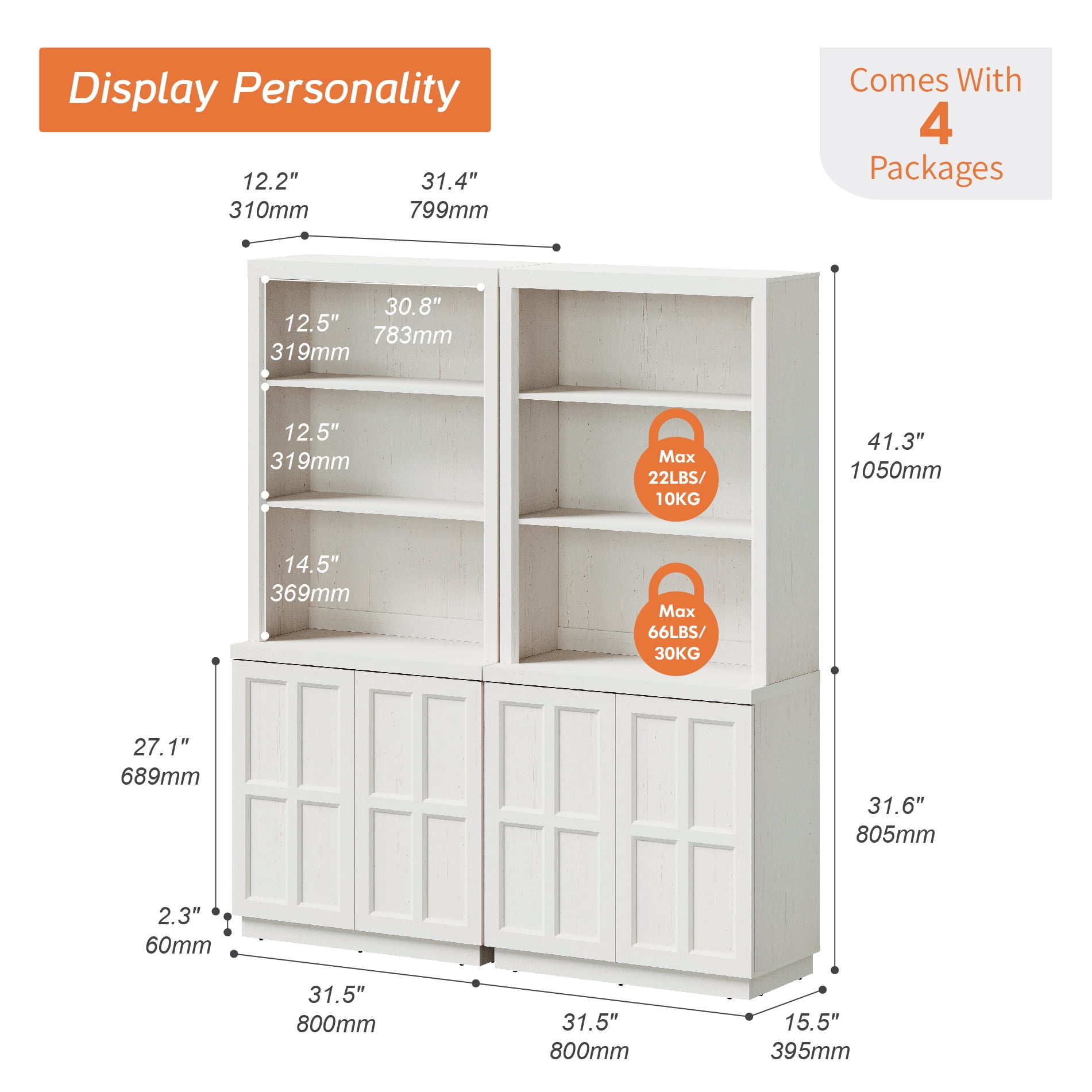 HOMOOI 2-in-1 Freestanding Bookcase, Boho Display Book Shelf with Open Adjustable Shelves & Rebound Handle-Free Doors,Thickened Anti-Wobble Wood Bookcase for Living Room,Home Office,White