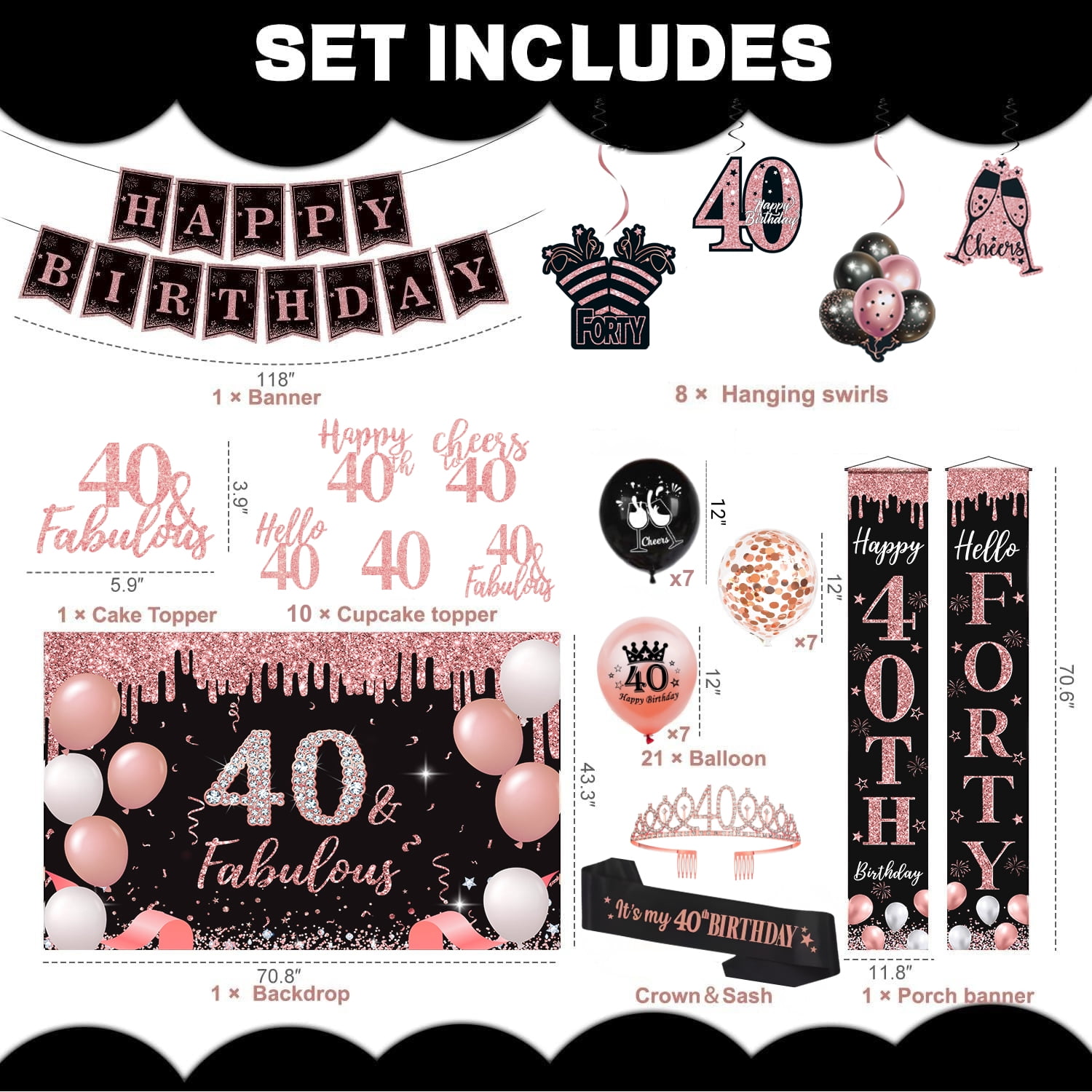 Happy Greetings 40th Birthday Party Decorations Kit Rose Gold Black for Women 45 Pieces