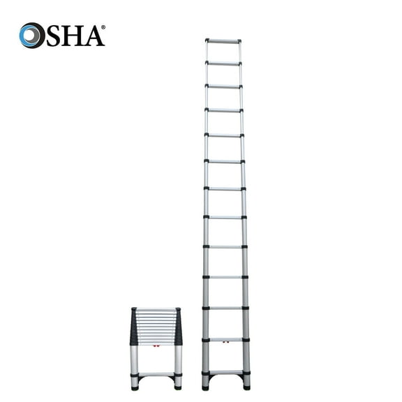 Telescopic Extension Ladder, 16 ft, 250lb, 12-Step, Aluminum