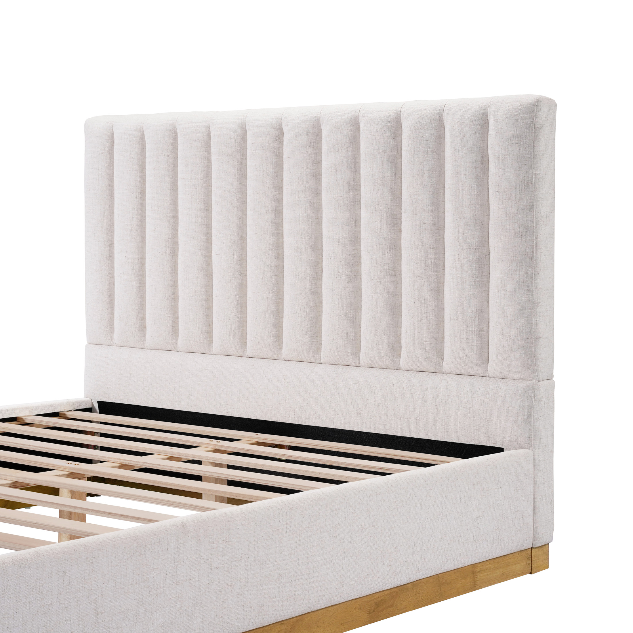Christopher Knight Home Queen Size Bed Frame, Linen Upholstered Thick Headboard with Solid Wood Base, Beige