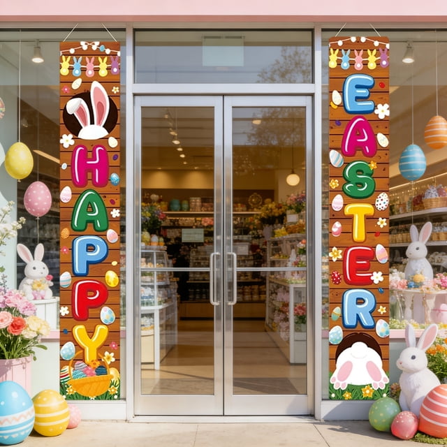 Easter Bunny And Egg Themed Couplets Porch Signs Hanging Banners And Outdoor Courtyard Decorations And Flags