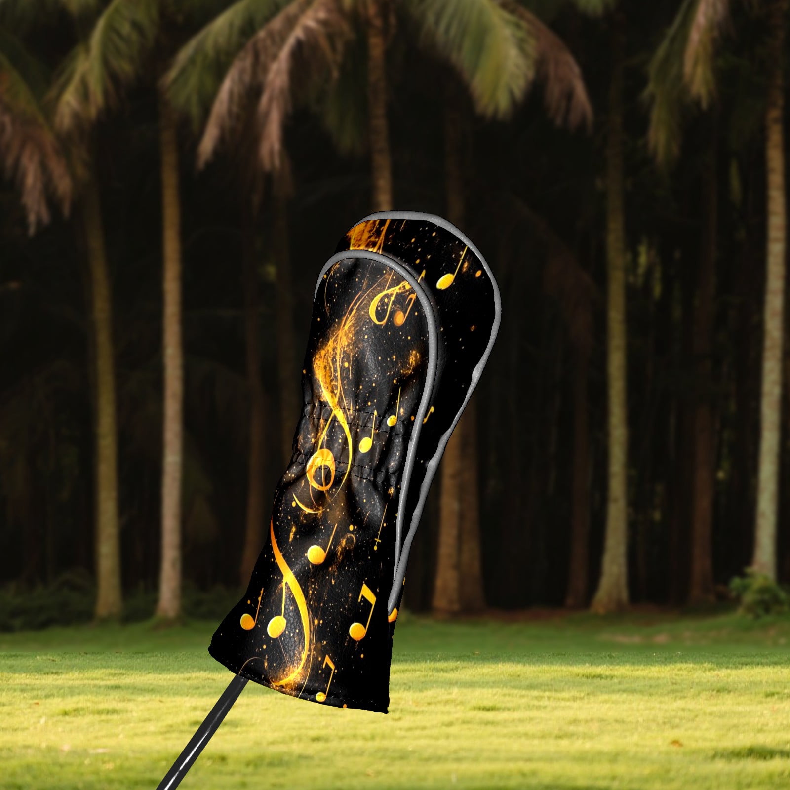 Golf Club Head Covers - Yellow Musical Note Pattern, PU Leather, Waterproof, Fits Fairway Woods/Hybrid, Unisex, Fits Most Brands