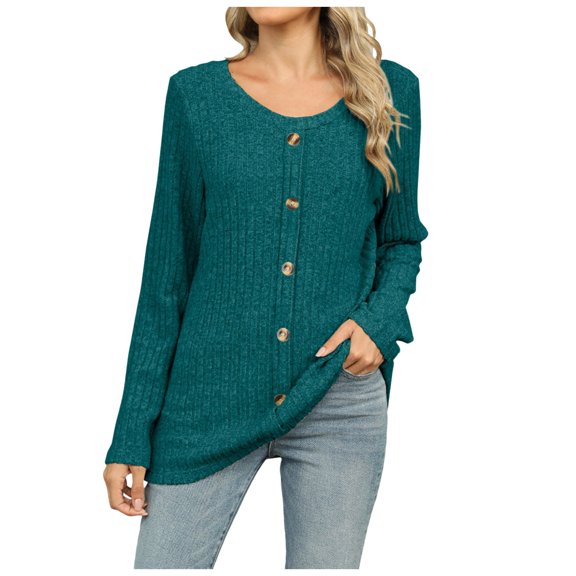 Womens Shirts Tshirts Long Sleeve Womens Workout Tops Fall Fashion Crew Neck Loose Buttons Blouses Casual Dark Green XL