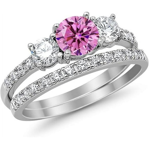 beryl_creation 925 Sterling Silver 2.00 Ct Round Cut Pink Sapphire Christmas Thanksgiving Engagement Wedding Bridal Ring Set 14K White Gold Plated For Women's -4