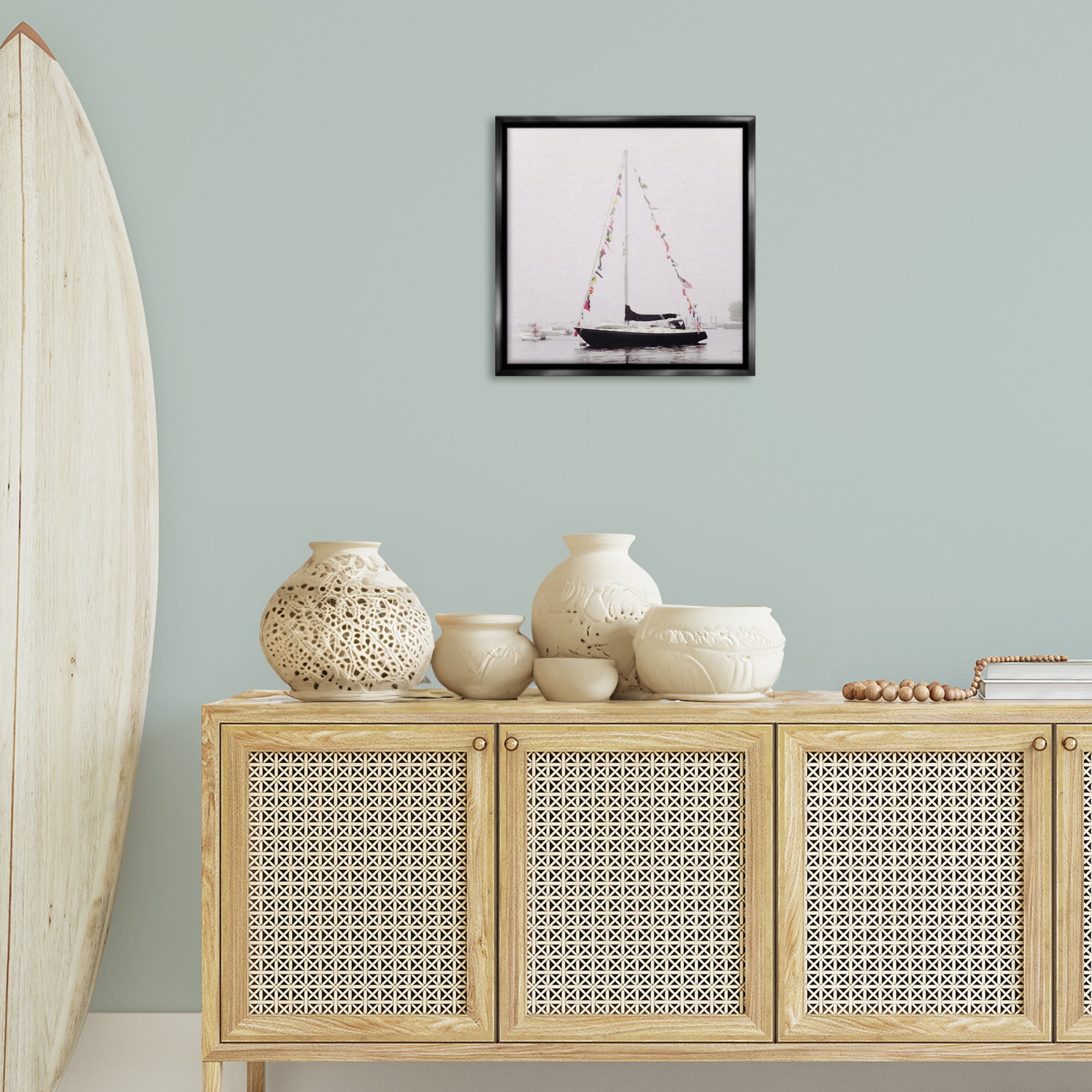 Stupell Industries Sail Flags in Harbor Nautical & Beach Photography Black Floater Framed Canvas Art Print Wall Art, 18 x 18