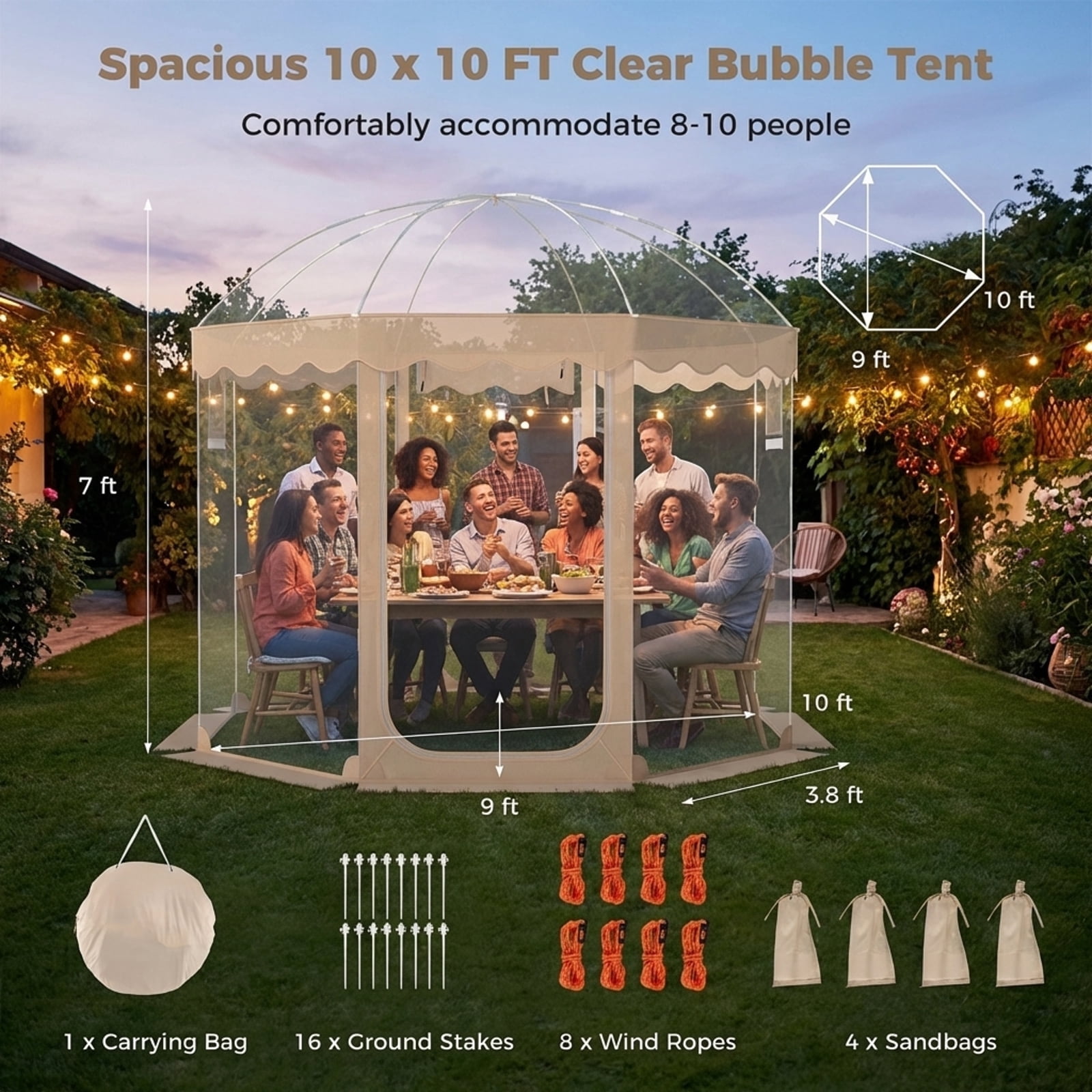 Biotree 10x10 FT Pop Up Clear Bubble Tent for 8-10 People with Waterproof Sealed Floor for Sports Events Camping