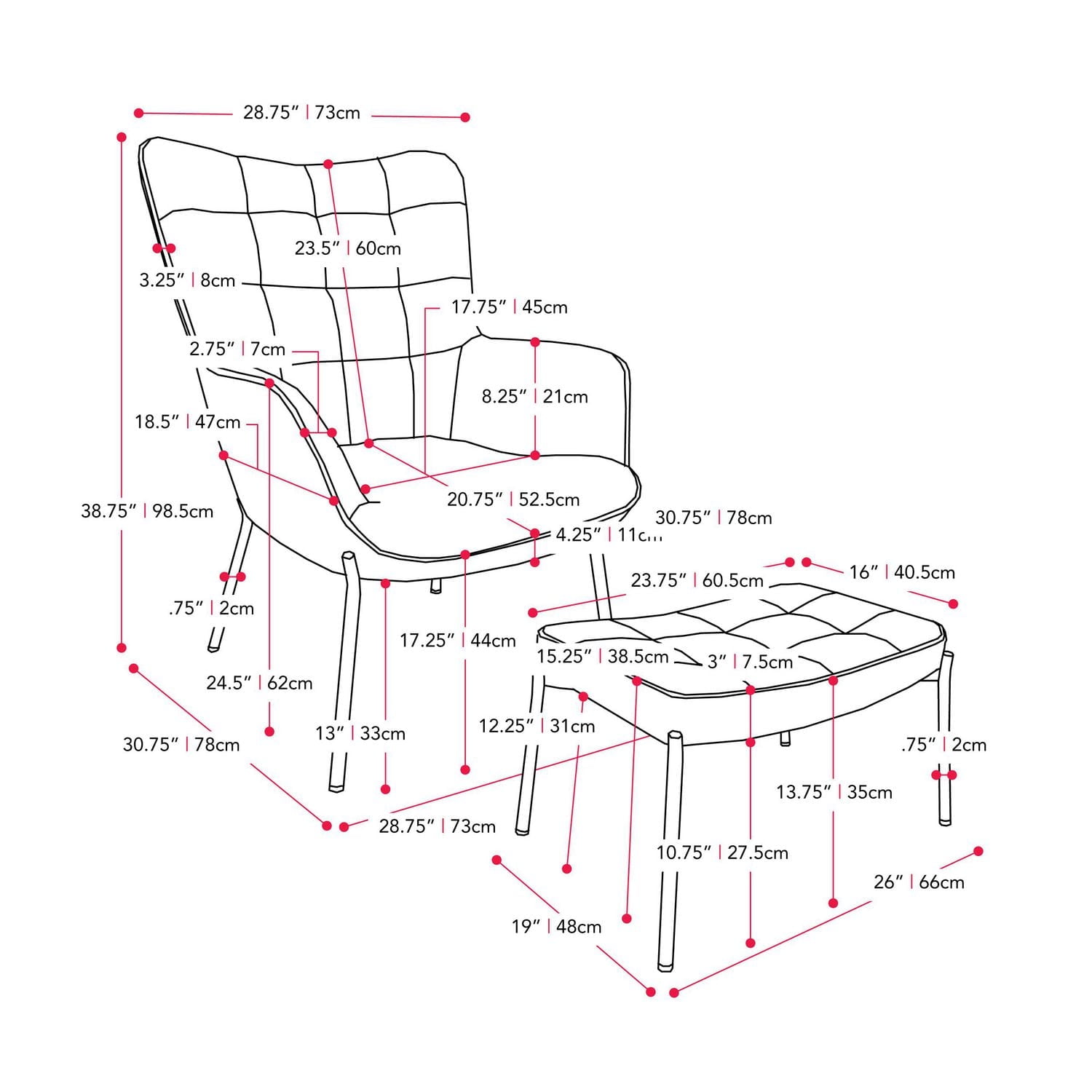CorLiving Charlotte Winged Back Velvet Indoor Accent Chair with Stool and Metal Legs