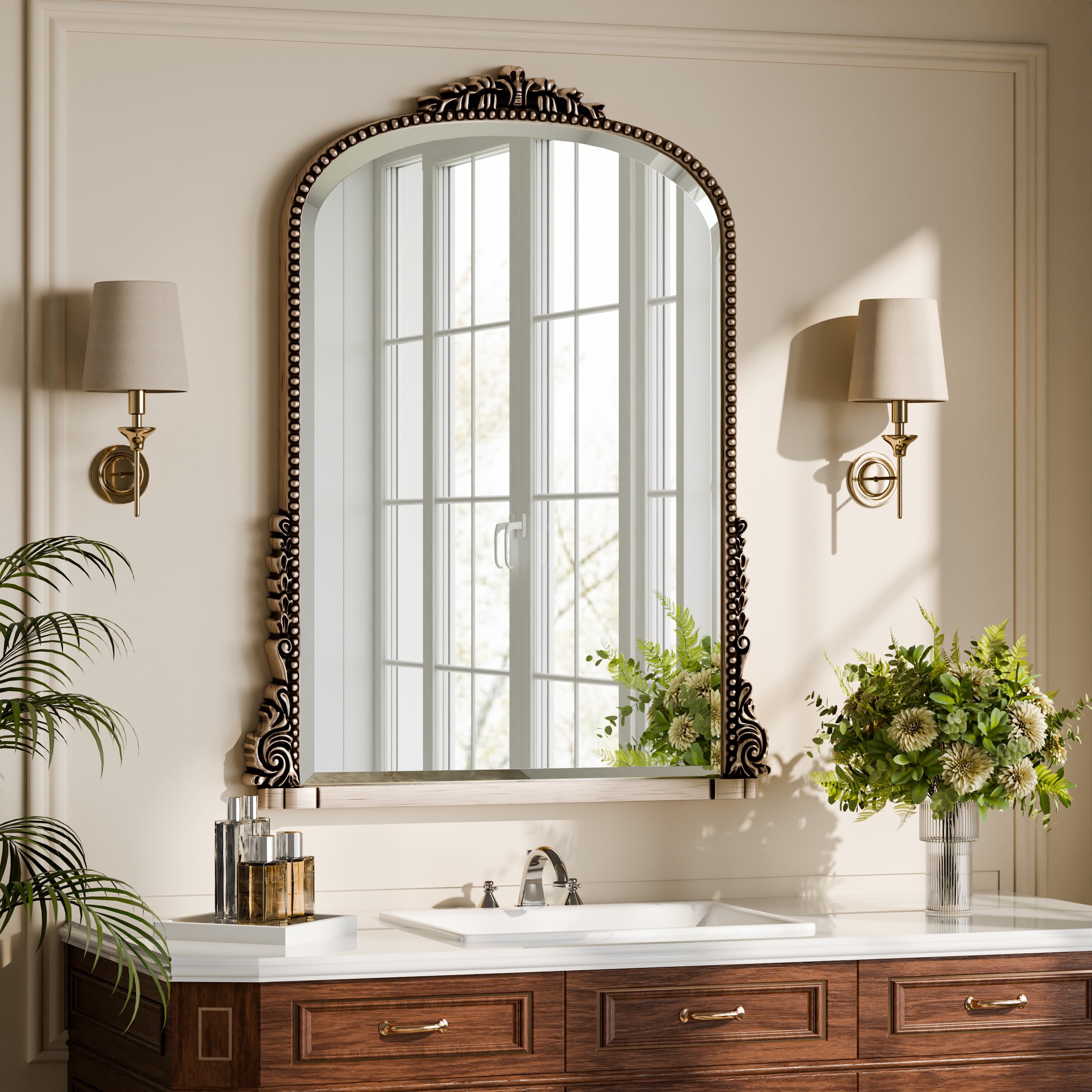 GRAHMCY 40"x 28" Arched Bathroom Mirror Hanging Vanity Mirror Decor Wall Mirror, Antique Silver