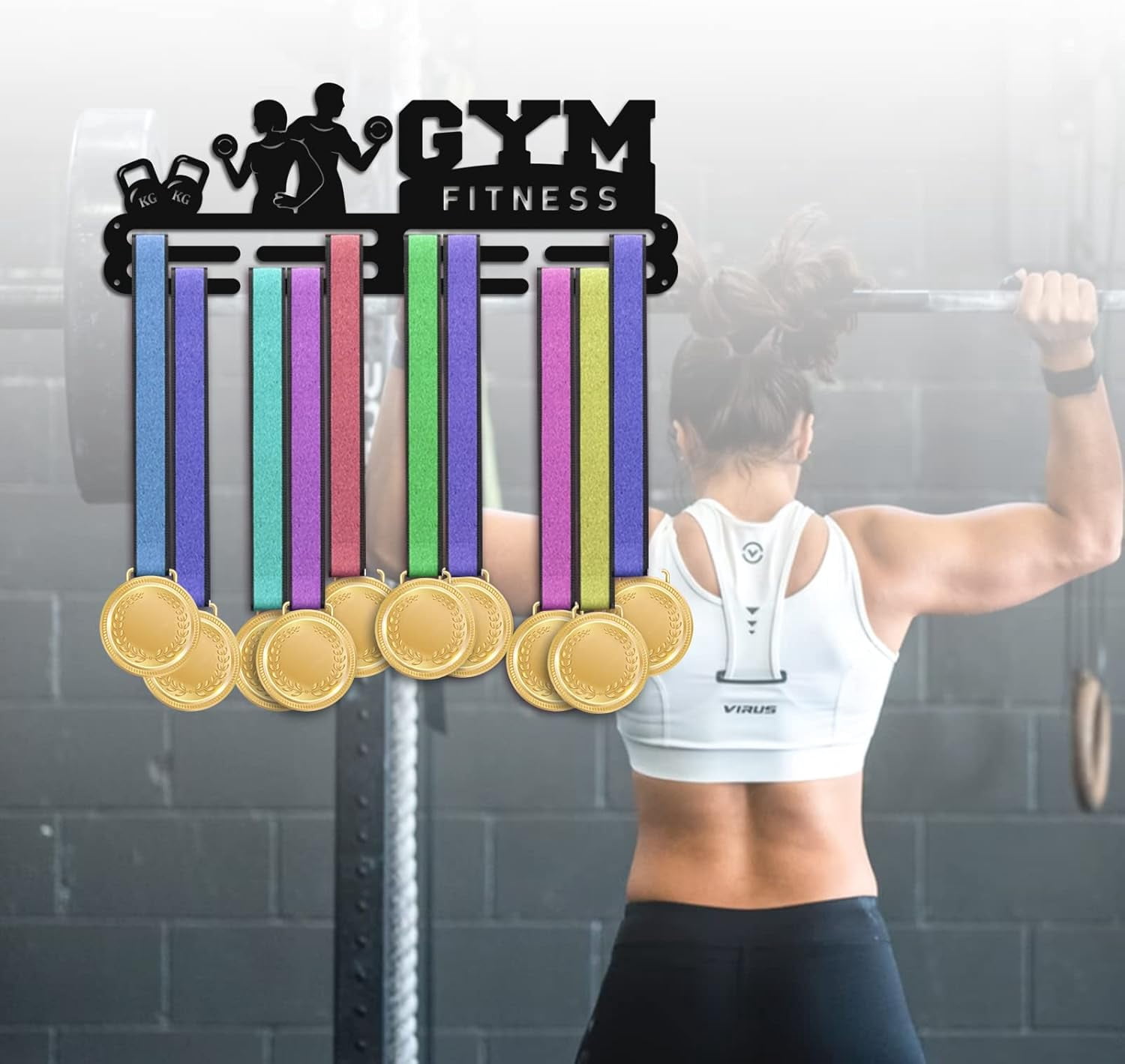 Fitness Medal Hanger Award Display Holders Tiered Sport Award Rack Wall Mount Metal Frame Celebration Award Ribbon Hanger for Over 50 Medals Necklace Jewelry 40x15cm/15.7x5.9inch