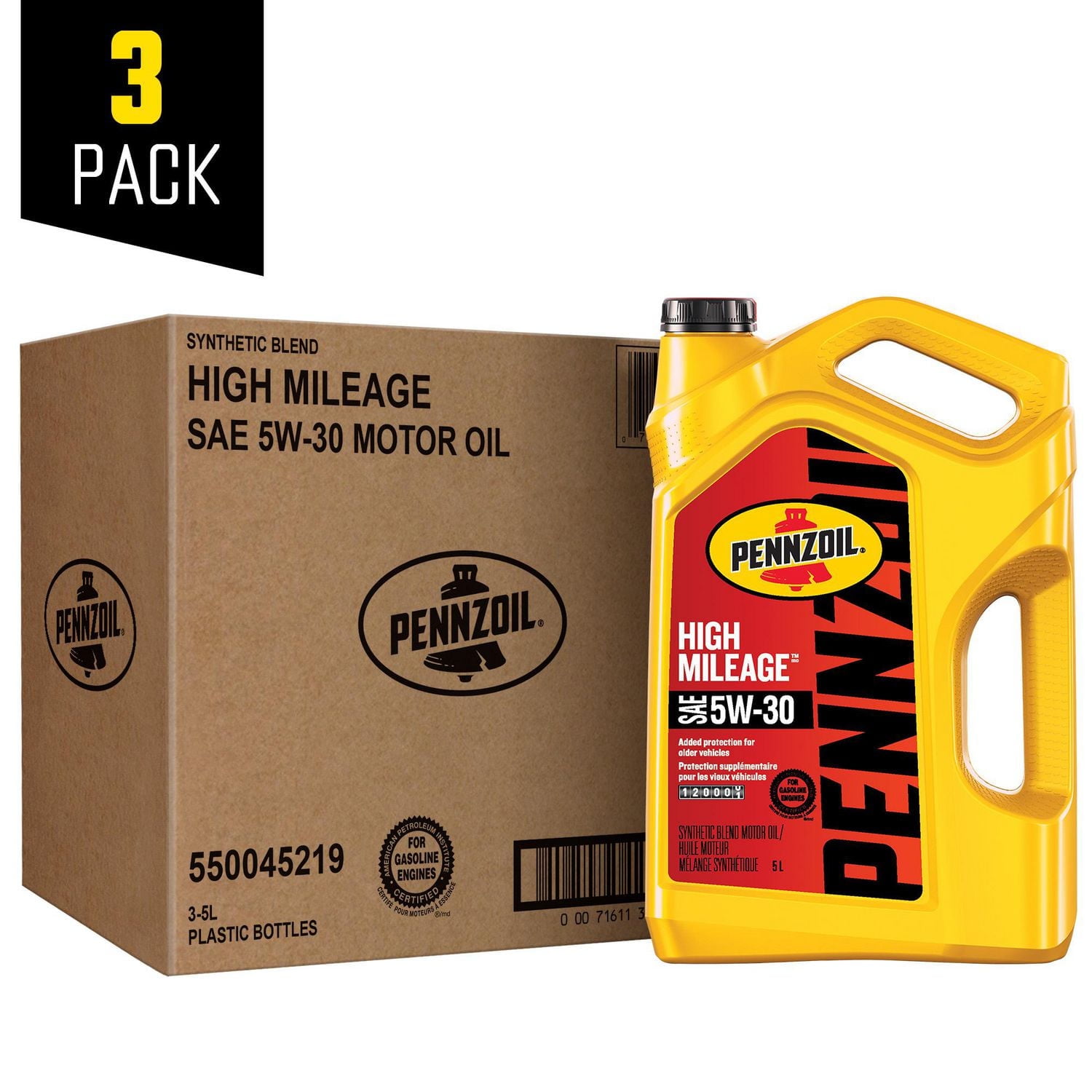 Pennzoil High Mileage 5W-30 Motor Oil, 5 Litre (3 pack)