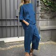 thumbnail image 2 of GILIGEGE Linen Sets for Women 2 Piece Summer Womens Summer Casual Solid Color Crewneck Top & Pants Cotton Linen Two Set Wide Leg Pants Tracksuit Lounge Matching Sets Dark Blue 5Xl, 2 of 4