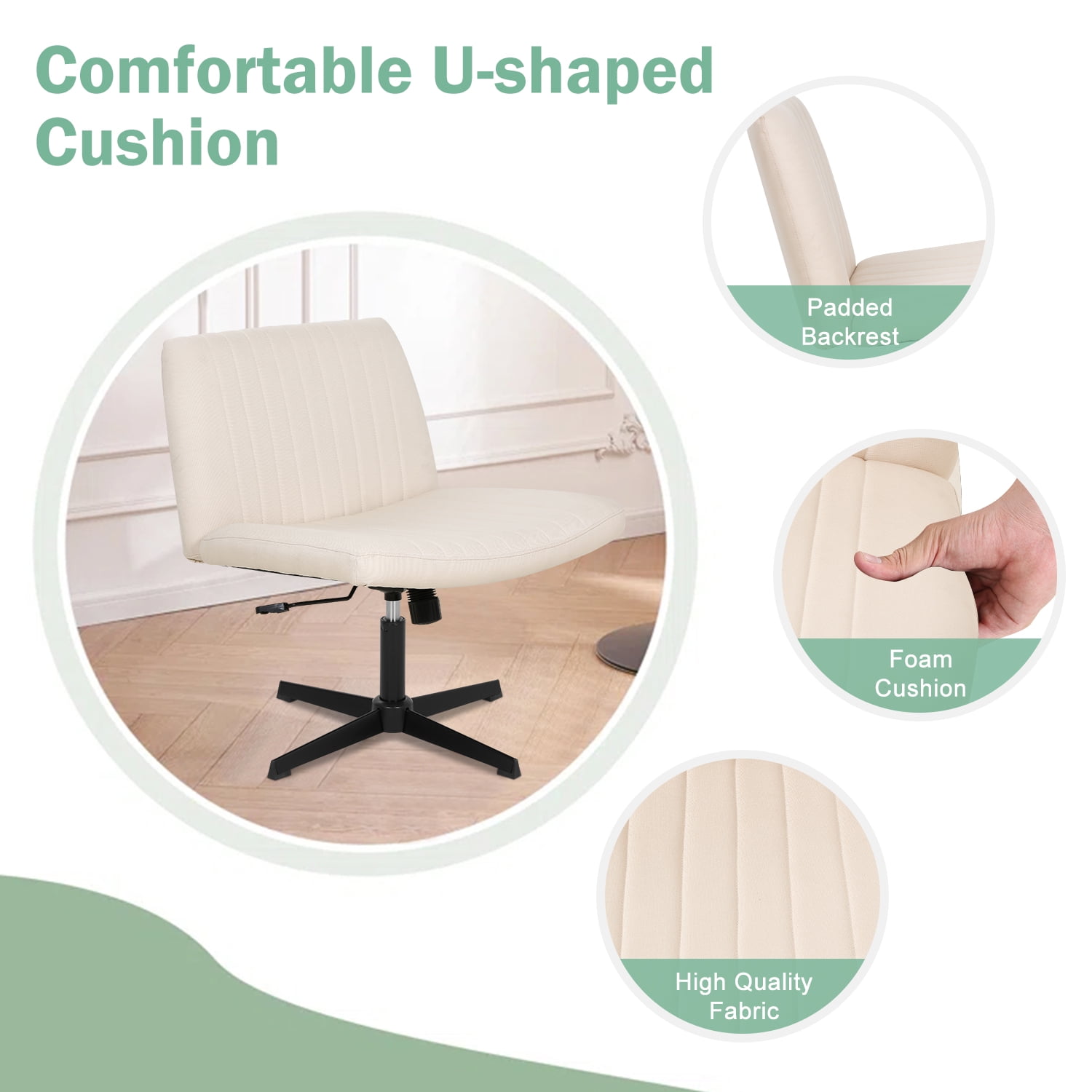 NiamVelo Criss Cross Chair, Wide Desk Chair No Wheels Vanity Chair Adjustable Computer Chair Modern Task Chair Armless Office Chair for Adults （Beige）