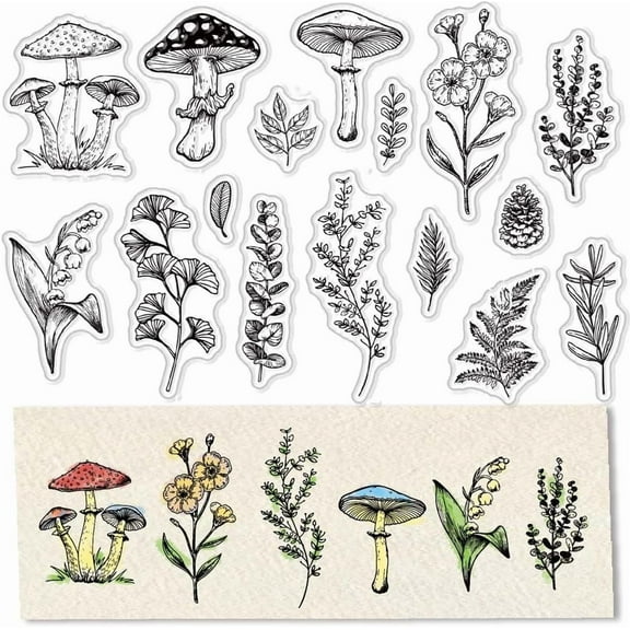 Mushroom Clear Stamps for Card Making Decoration Scrapbooking Supplies Pine Cones Stamps Flower Lily Ginkgo Leaves Transparent Rubber Stamps for Paper Photo Album Crafting Decor 6.3 x 4.3inch diy