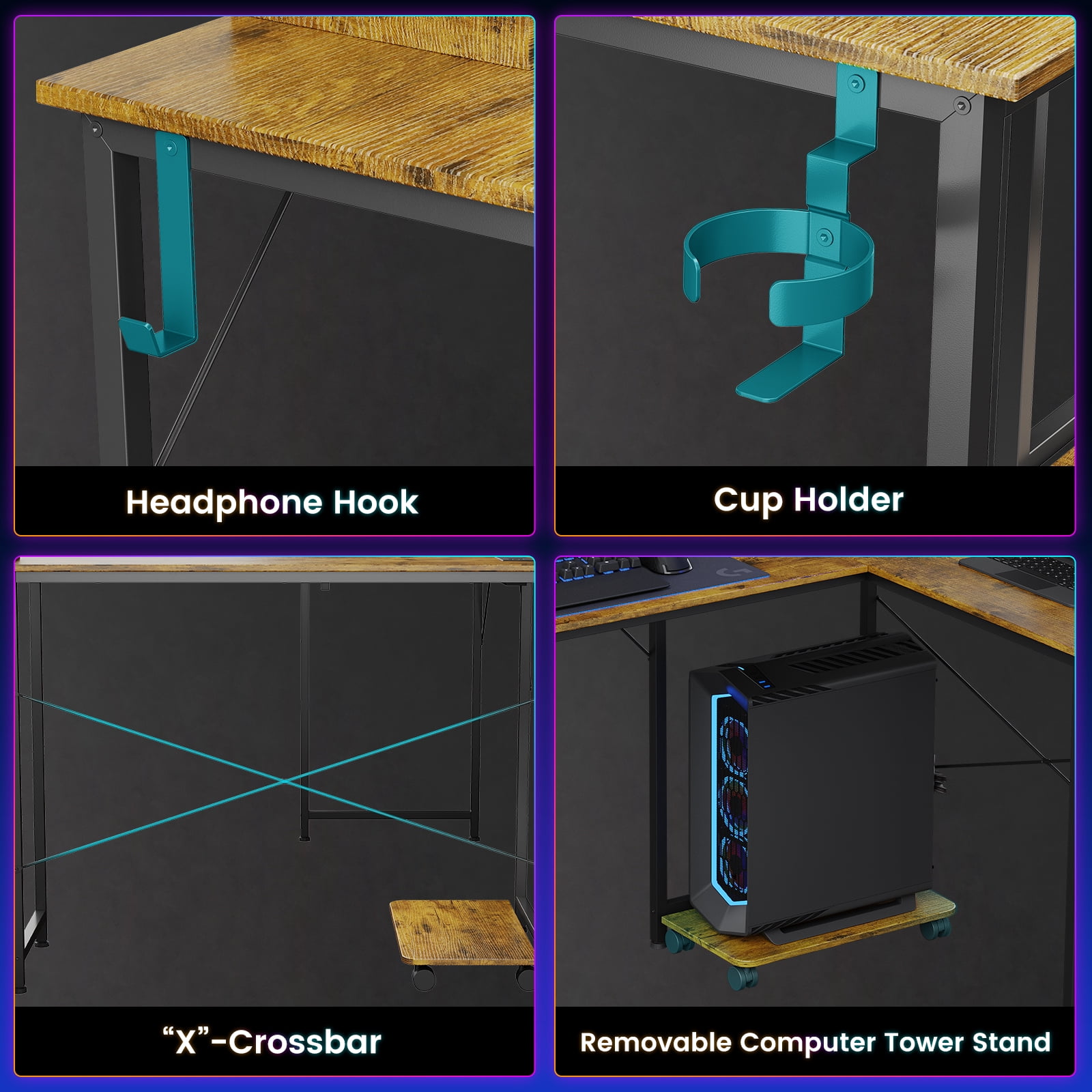 CLOUDREST PTO 53" L-Shaped Gaming Desk, Power Outlets & RGB LEDs, Brown