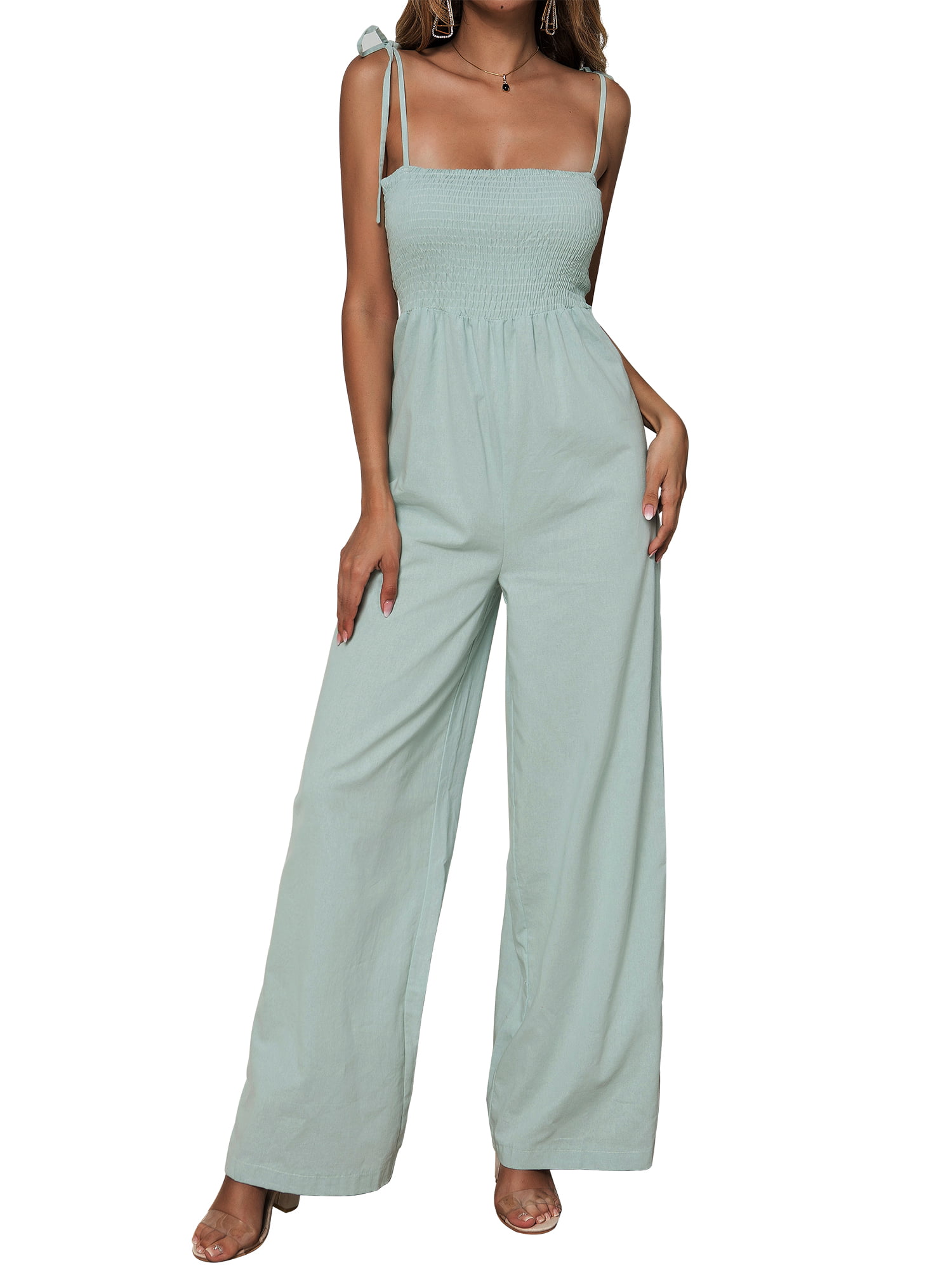 Knot Front Spaghetti Strap Sleeveless Wide Leg Long Pant Playsuit Womens Casual Jumpsuit Romper