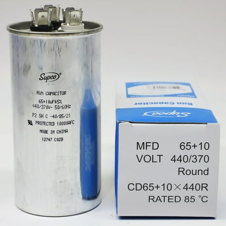

Supco CD65+10X440R Supco CD65+10X440R HVAC Motor Round Dual Run Capacitor 65 + 10 MFD 440 Volts