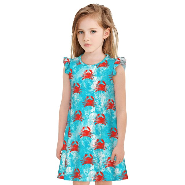 Fotbe Crab Swims In The Ocean Vestido de Dormir para Niñas de 3 a 10 Años, Mangas Cortas, Estilo Princesa, Pijama Camisón con Mangas Voladas-XX-Large