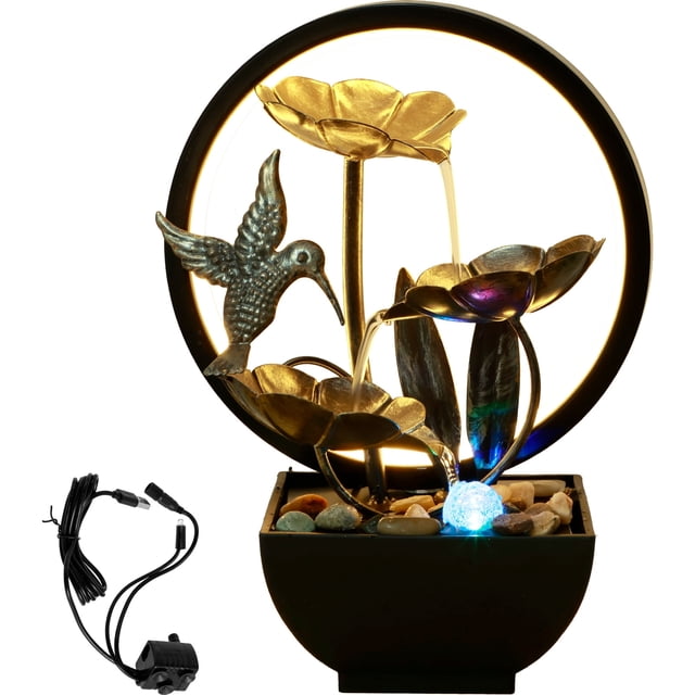 Pcapzz Tabletop Water Fountain USB Powered Tabletop Fountain with Natural Rocks and LED Ring Lights Desktop Waterfall Fountain Tabletop Humidifier for Indoor-hummingbird-