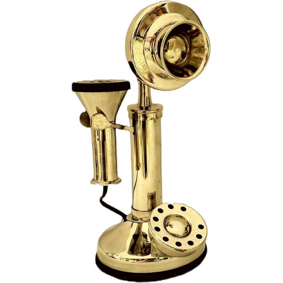 Brass Finish Decorative Small Candlestick Telephone, Vintage Model Ornament Collection, Non-Working