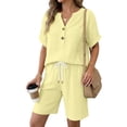 thumbnail image 4 of GZWYHT Linen Short Sets For Women 2 Piece，Cotton Short Sets For Women Cotton Summer Sets For Women Sweatsuit Lounge Set Womens Linen Two Piece Set Workout Sets For Women Yellow XL, 4 of 9