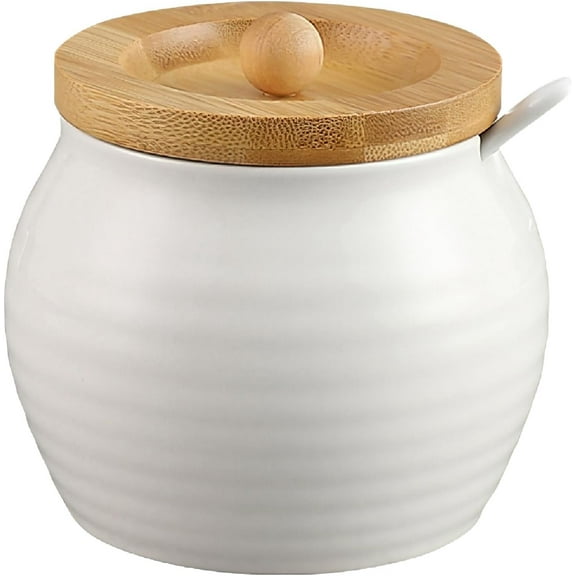 GZhLonKiMa Ceramic Sugar Bowl with Bamboo Lid and Spoon, 11 Oz White Porcelain Sugar Salt Container Holder, Cute Farmhouse Condiment Pot for Creamer, Spice, Sugar Cube, Ghee, Coffee Bar, Countertop