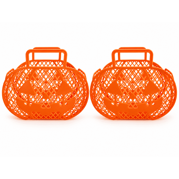 Orange Pumpkin Halloween Trick-or-Treat Baskets, Collapsible Reusable Candy & Gift Holders with Handles, 2 Pack