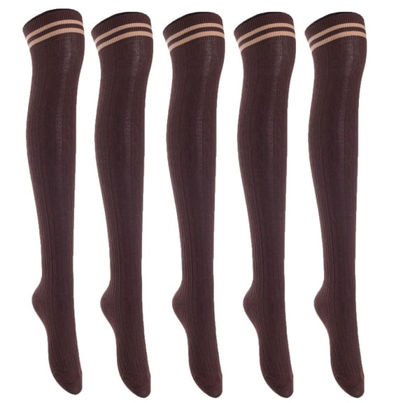 5 Pairs Awesome Women Thigh High Cotton Boot Socks. Soft And Durable Knee High Socks, Perfect As Winter & Spring Socks Size 6-9 Coffee T1023-5p1c3