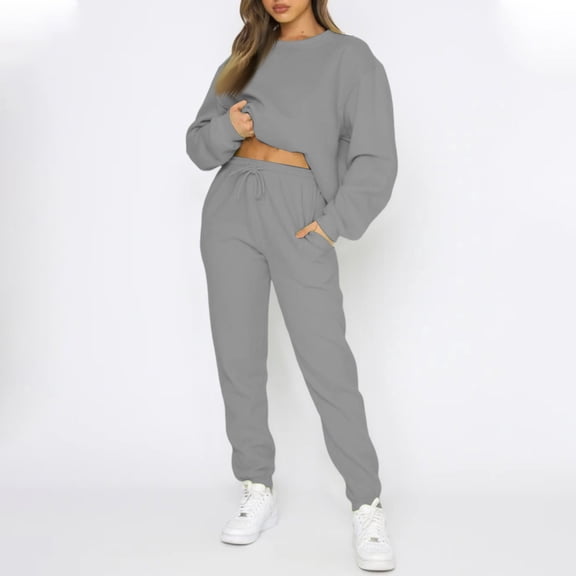 Women's 2 Piece Solid Color Casual Sportswear Long Pants Set Coordinated Comfort Outfit for Running Errands and Relaxing - Gray S