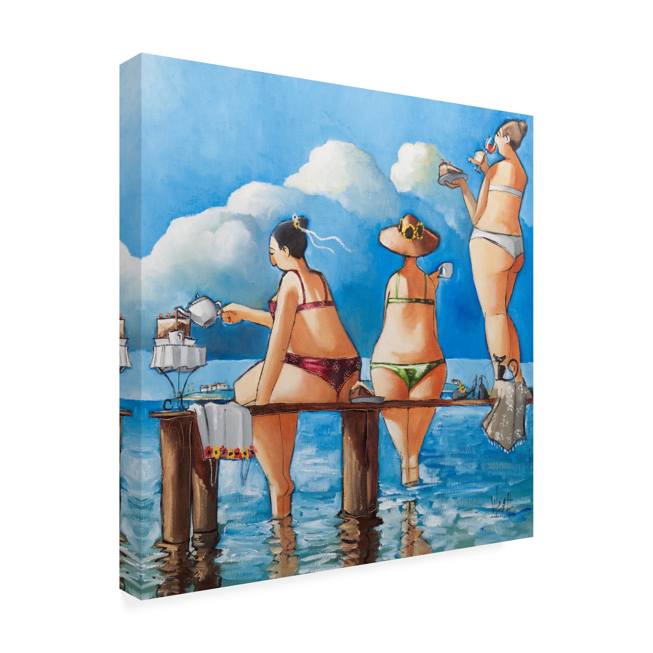 Canvas Wall Art - Ronald West 'Tea Break On The Jetty' Wall Art for Living Room, Bedroom, or Office Décor by Trademark Fine Art - 24 x 24 Inches