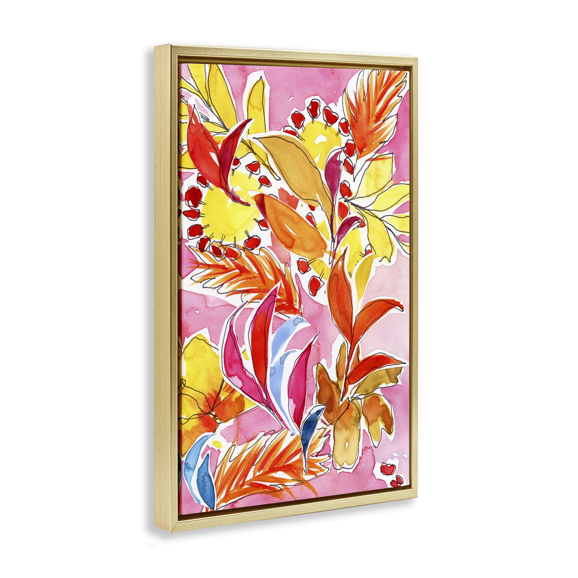 Stupell Industries Orange Botanicals on Pink Plants & Flowers Painting Gold Floater Framed Canvas Art Print Wall Art, 21 x 31