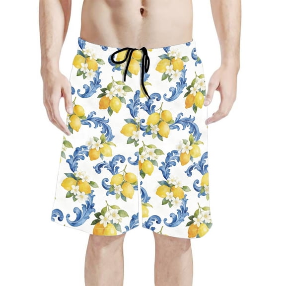 Binienty Men's Board Shorts Beach Swim Trunks With Watercolor Lemon Print - Quick Dry for Summer Surfing and Beach Vacations