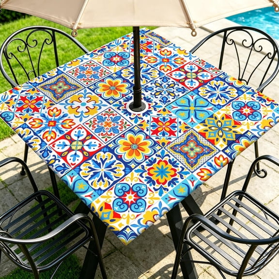 Outdoor Tablecloth with Umbrella Hole and Zipper, Square Fitted Patio Table Covers for Spring/Summer, Machine Washable Outdoor Picnic Table Cloth (Talavera, Fit for 34"x34" Square Table)