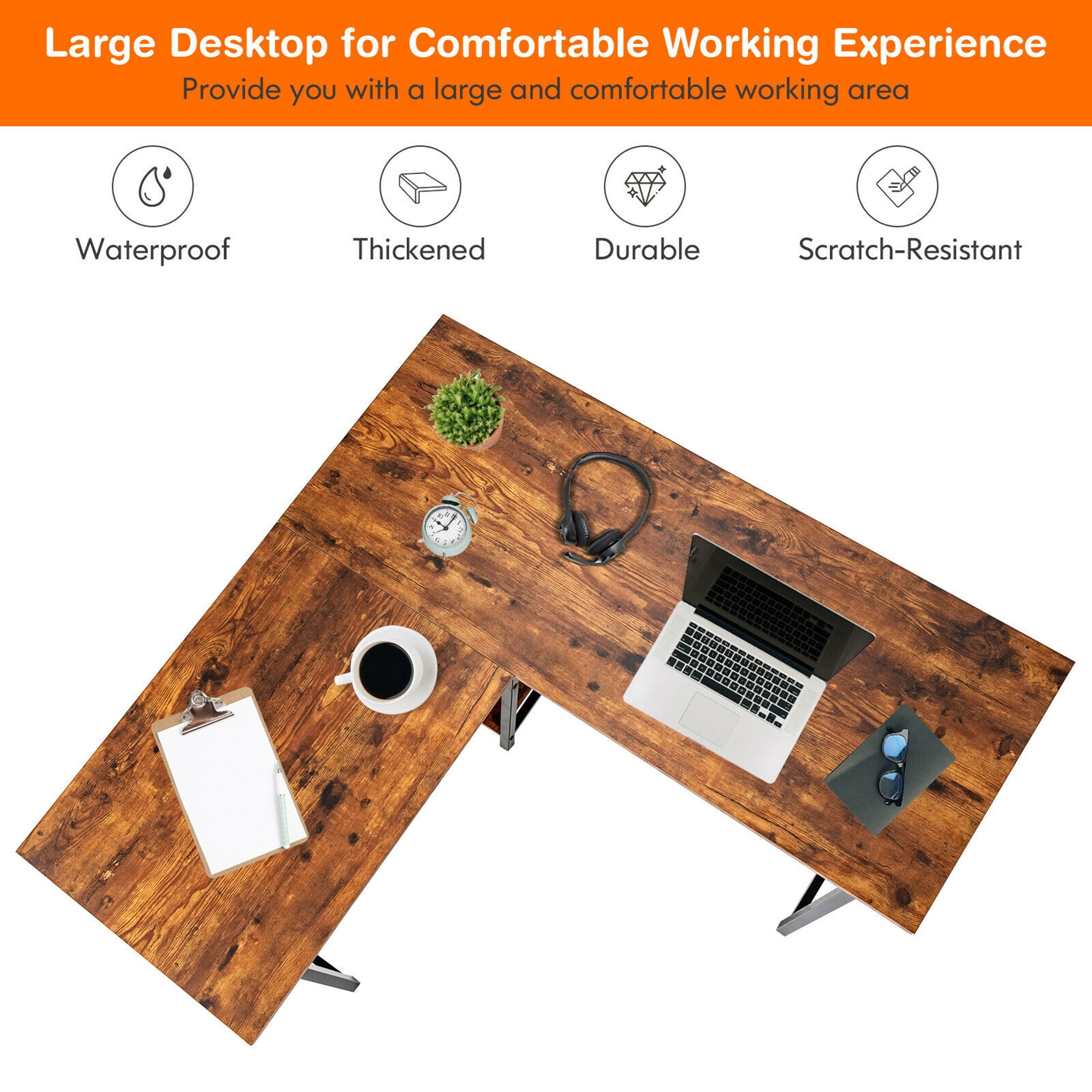 Gymax L Shaped Study Table Corner Computer Desk w/Storage Shelves Brown