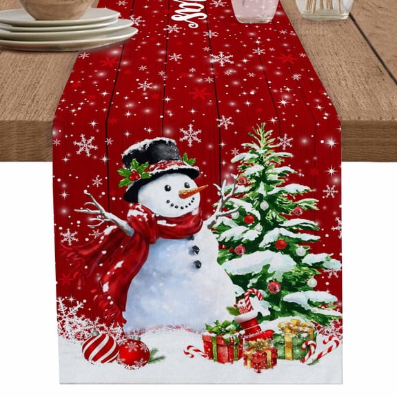 nqOlkjepod Red Christmas Table Runner 120 Inches Long Farmhouse Dress Scarves, Snowman Xmas Tree Ball Gifts Winter Wooden Dining Tablerunner for Coffee Table/Kitchen Island/Party Décor, 13" x 120"