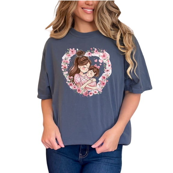 Mother and Daughter T-Shirt, Floral Heart Design Tee, Cute Floral Mom and Child Shirt, Adorable Family Matching Clothes, Denim Comfort Colors T-Shirt, Small